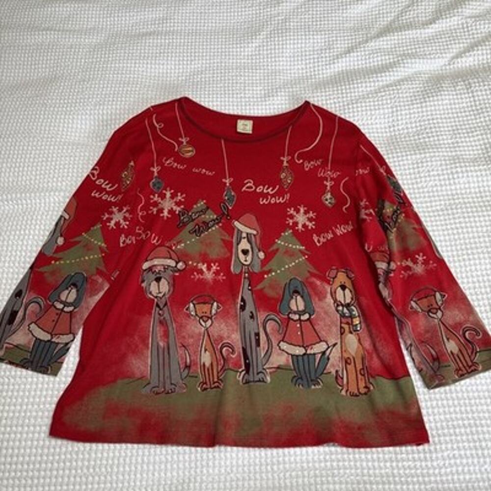 Jess & Jane Womens XL Bow Wow Christmas Top Red Artsy Dogs Holiday 3/4 Sleeve